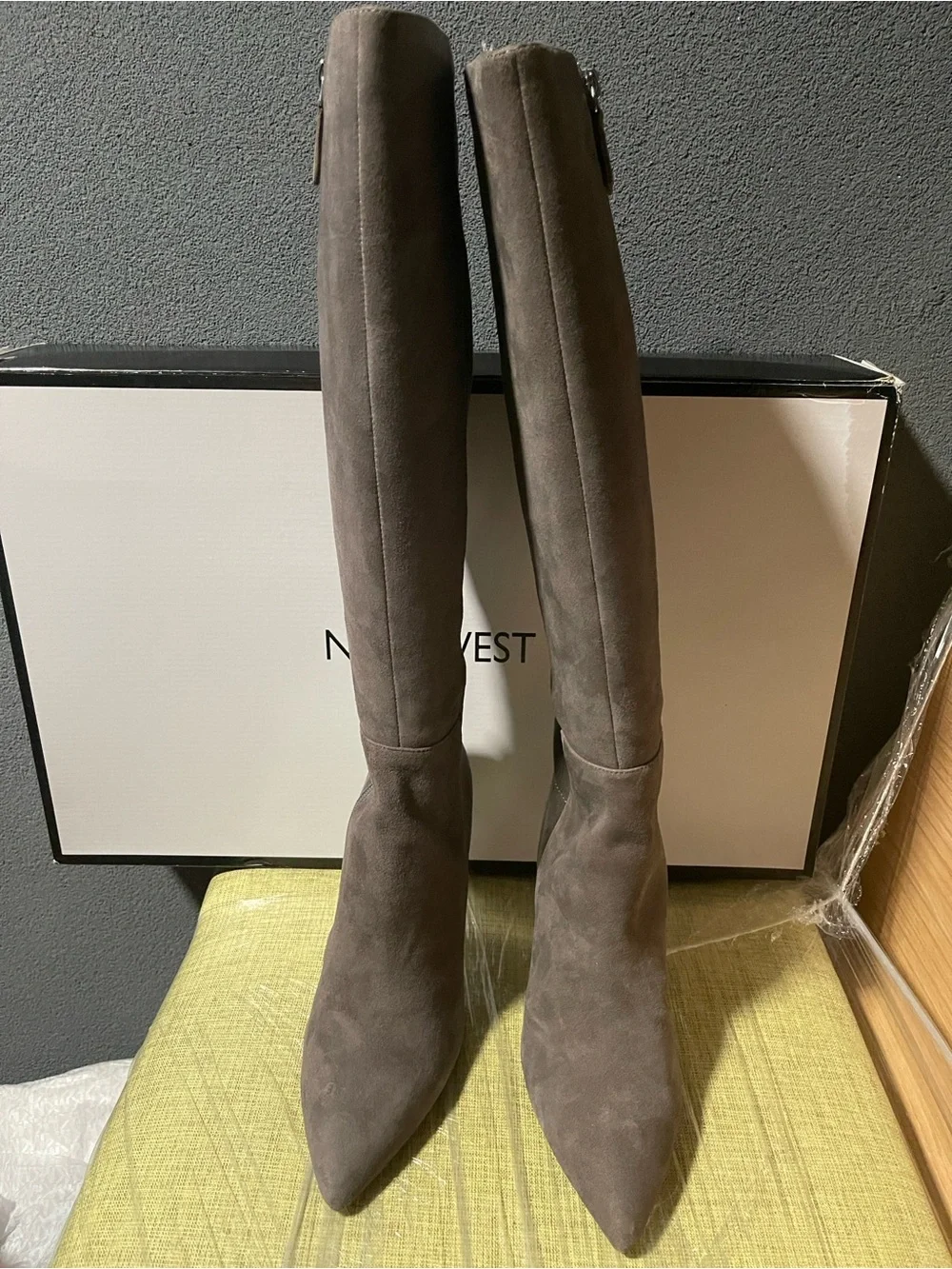 NEW Nine West Fallon Gray Suede Knee high Pointed-Toe Stiletto Boots
